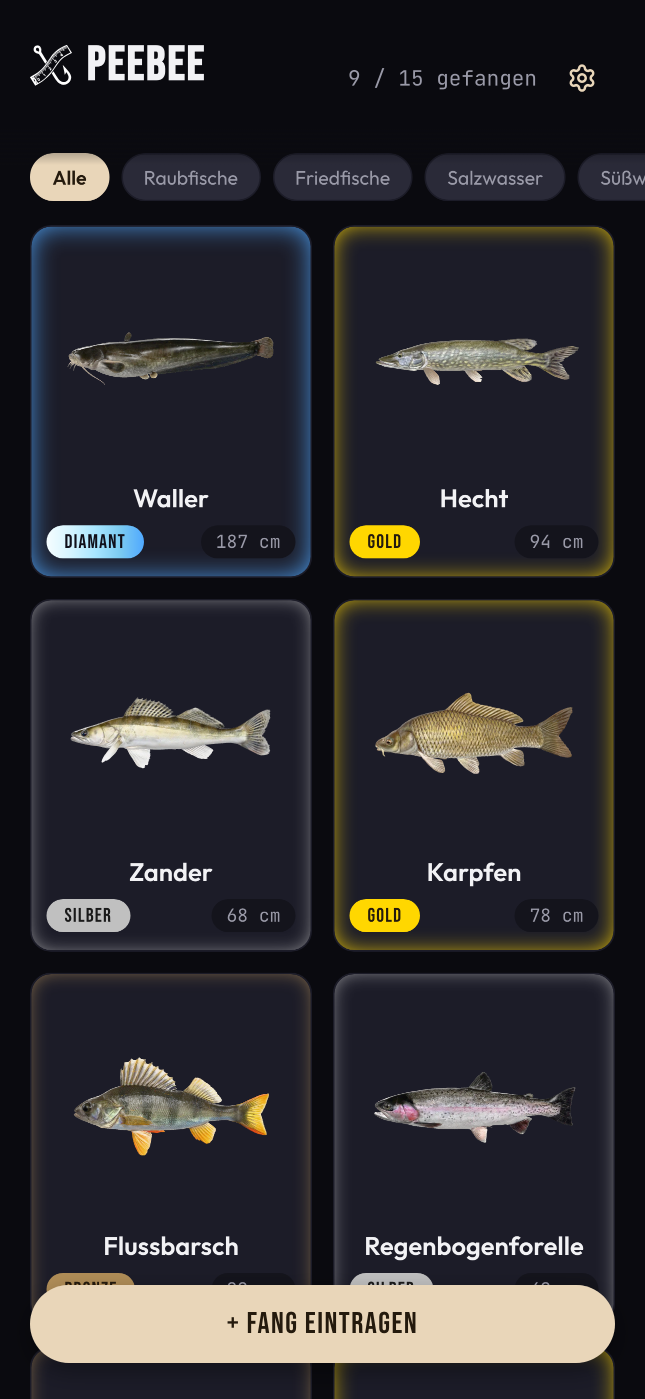 PEEBEE Sammlung: neun Arten freigeschaltet, jede mit Stufe und persönlicher Bestlänge, plus Filterleiste nach Raubfisch, Friedfisch, Salz- und Süßwasser.