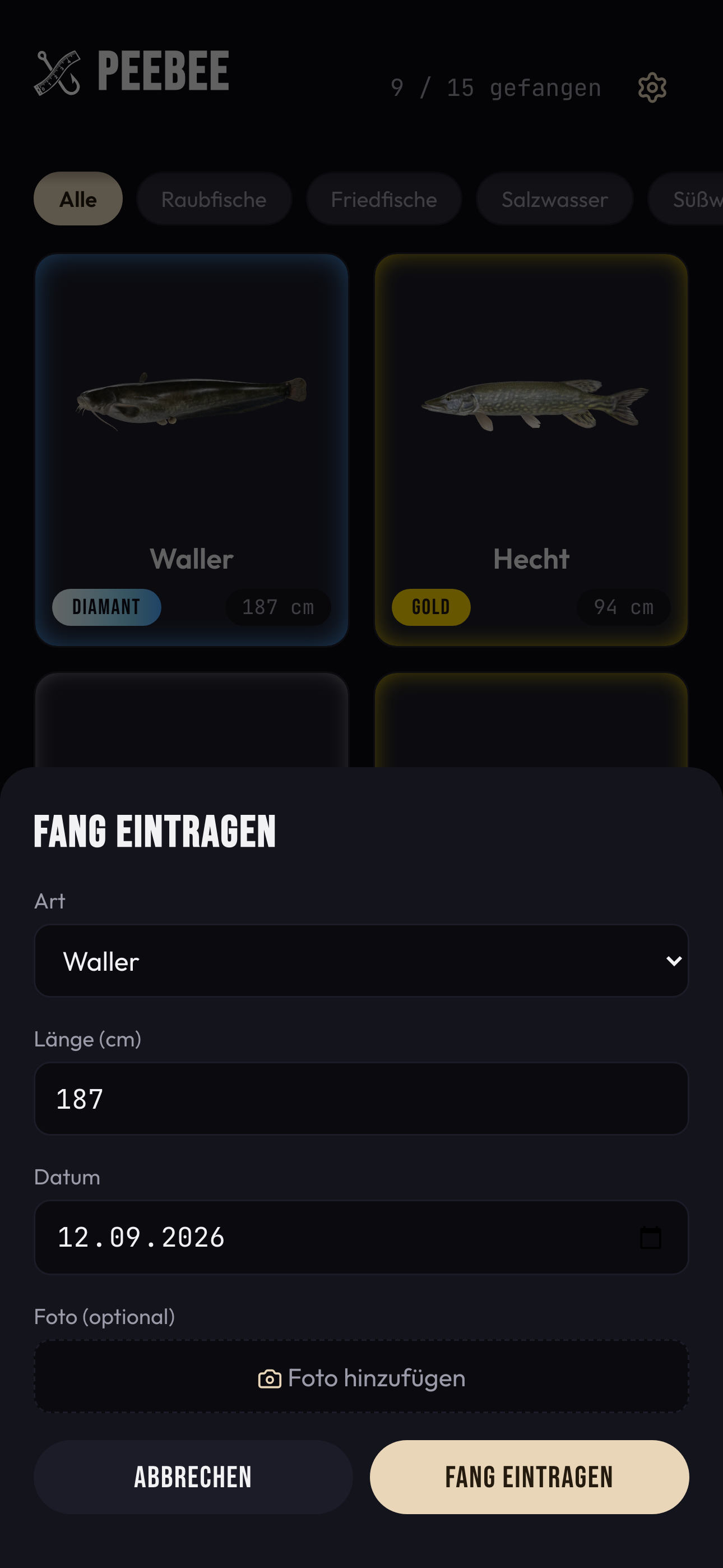 Fang eintragen: Art, Länge und Datum in wenigen Sekunden erfassen.