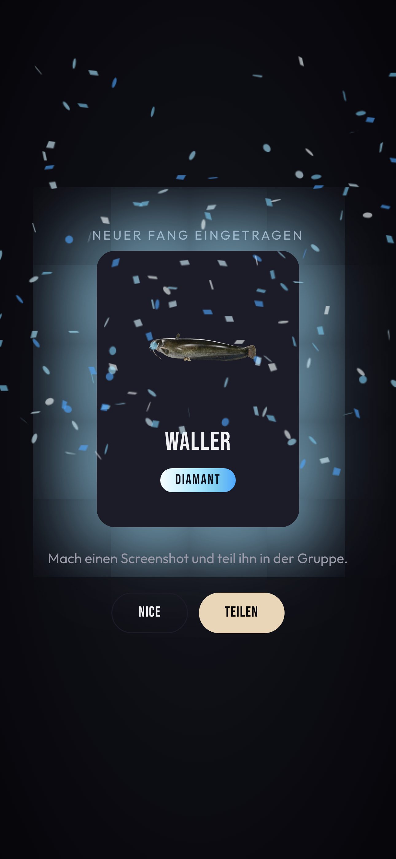 PEEBEE Unlock-Ansicht: ein Waller wird als „Diamant“ freigeschaltet – mit Konfetti und eisblauem Glow.